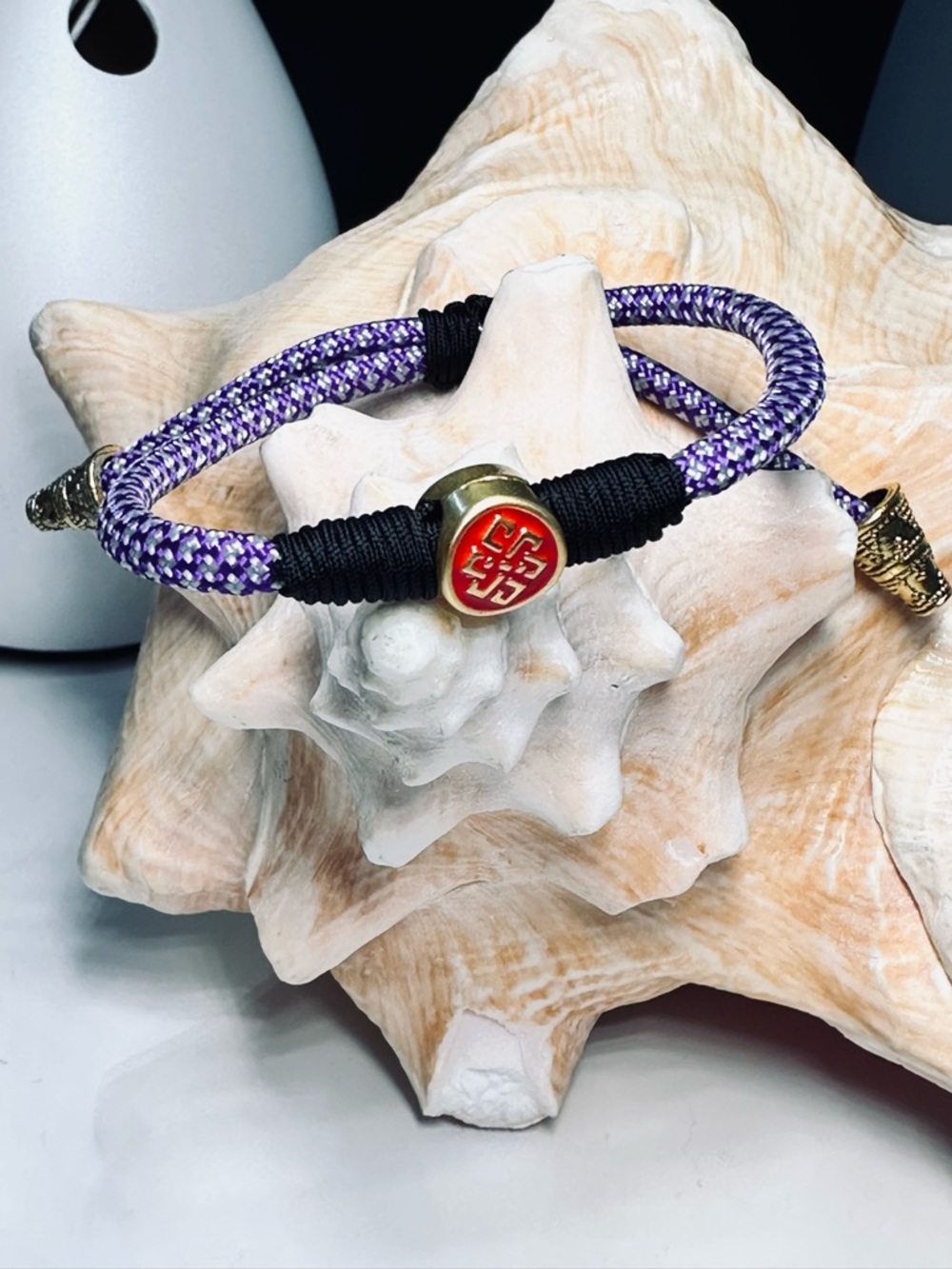 Purple Braided Cord Bracelet with Red Enamel Medallion